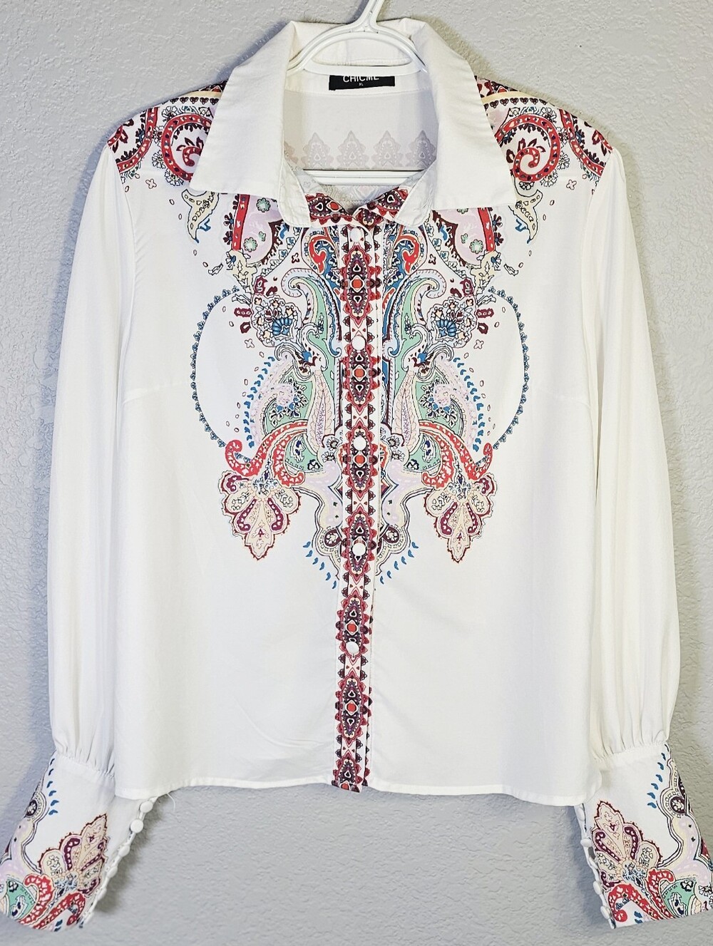 Chic Me XL Western Paisley Print Button Front Blouse Bell Cuff Sleeves
